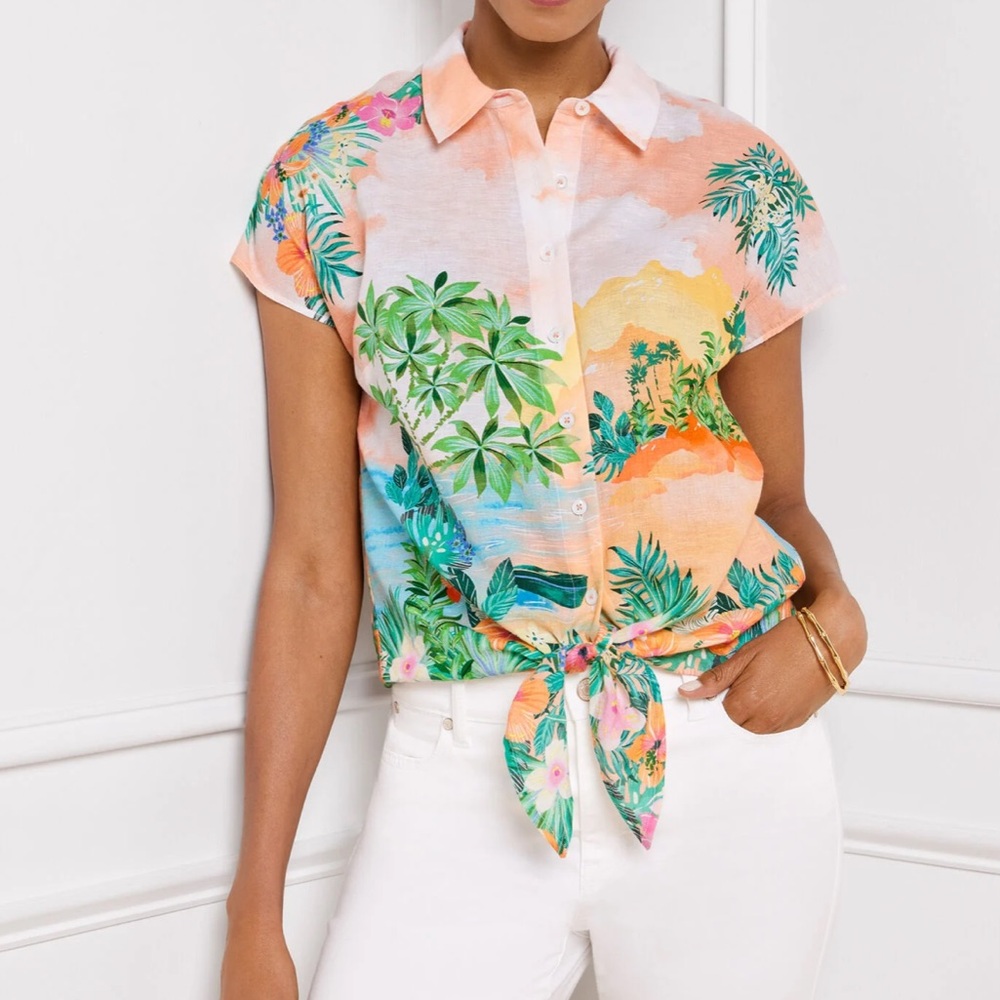 Talbots Tie Front Top Size 1X Linen Cotton Sunset Horizon Tropical Print New